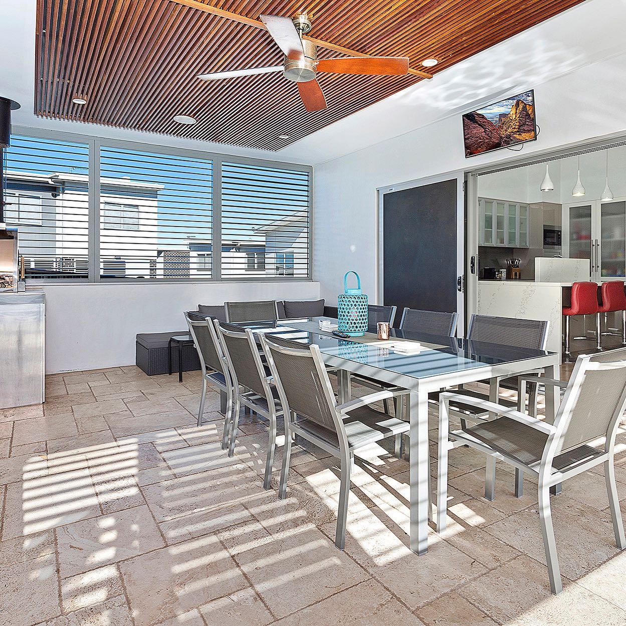 Covered outdoor dining and living space